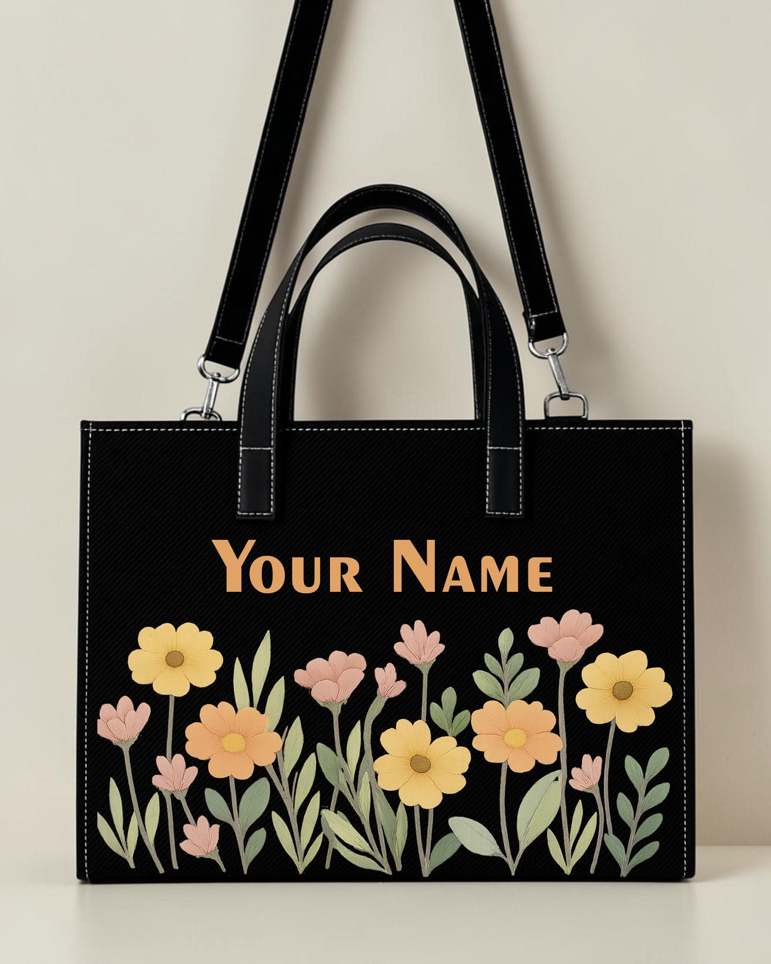 Personalized black pastel daisy floral sling tote bag with custom name for women