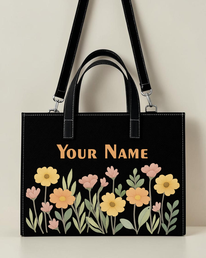 Personalized black pastel daisy floral sling tote bag with custom name for women