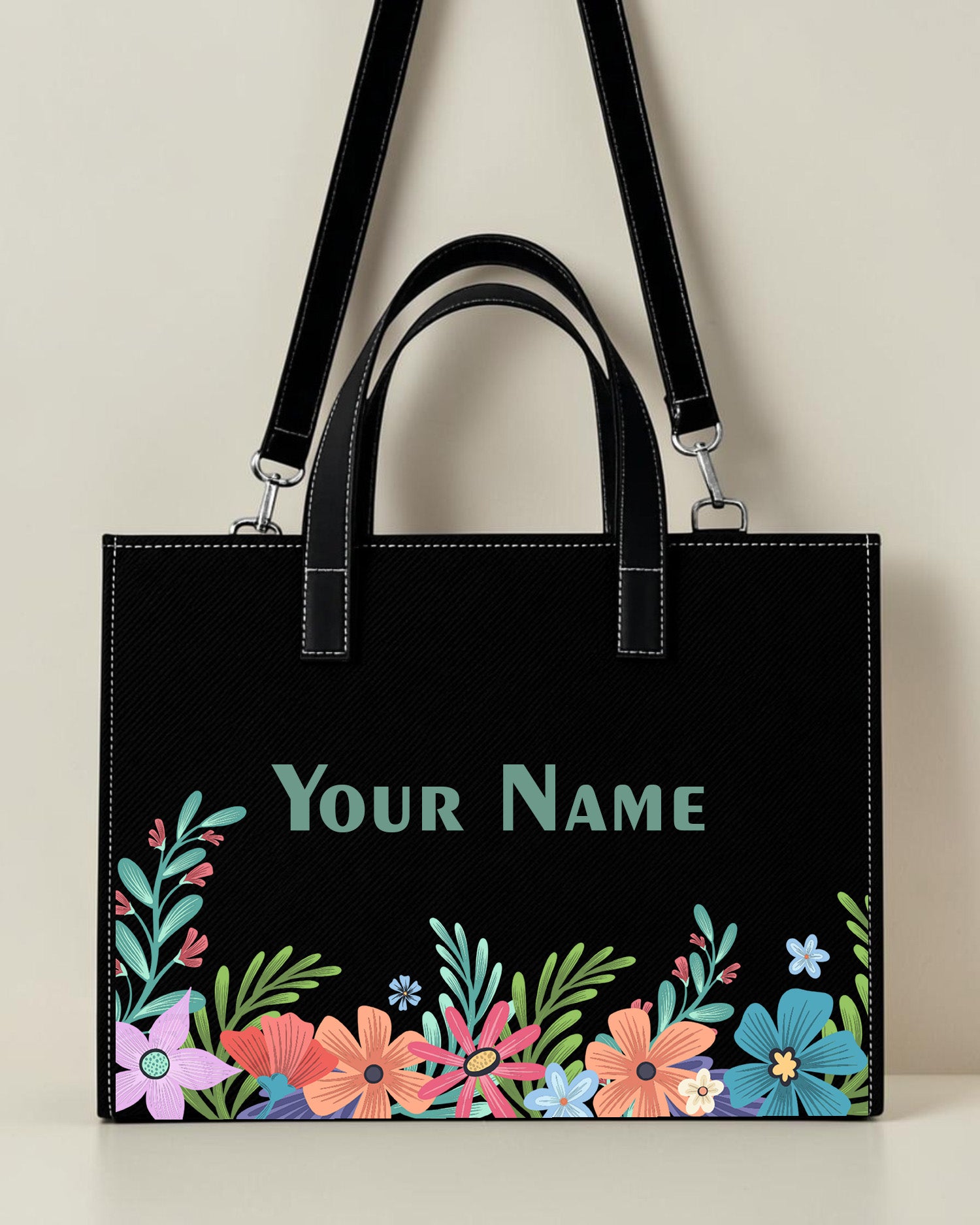 Personalized black pastel floral sling tote bag with custom name for women