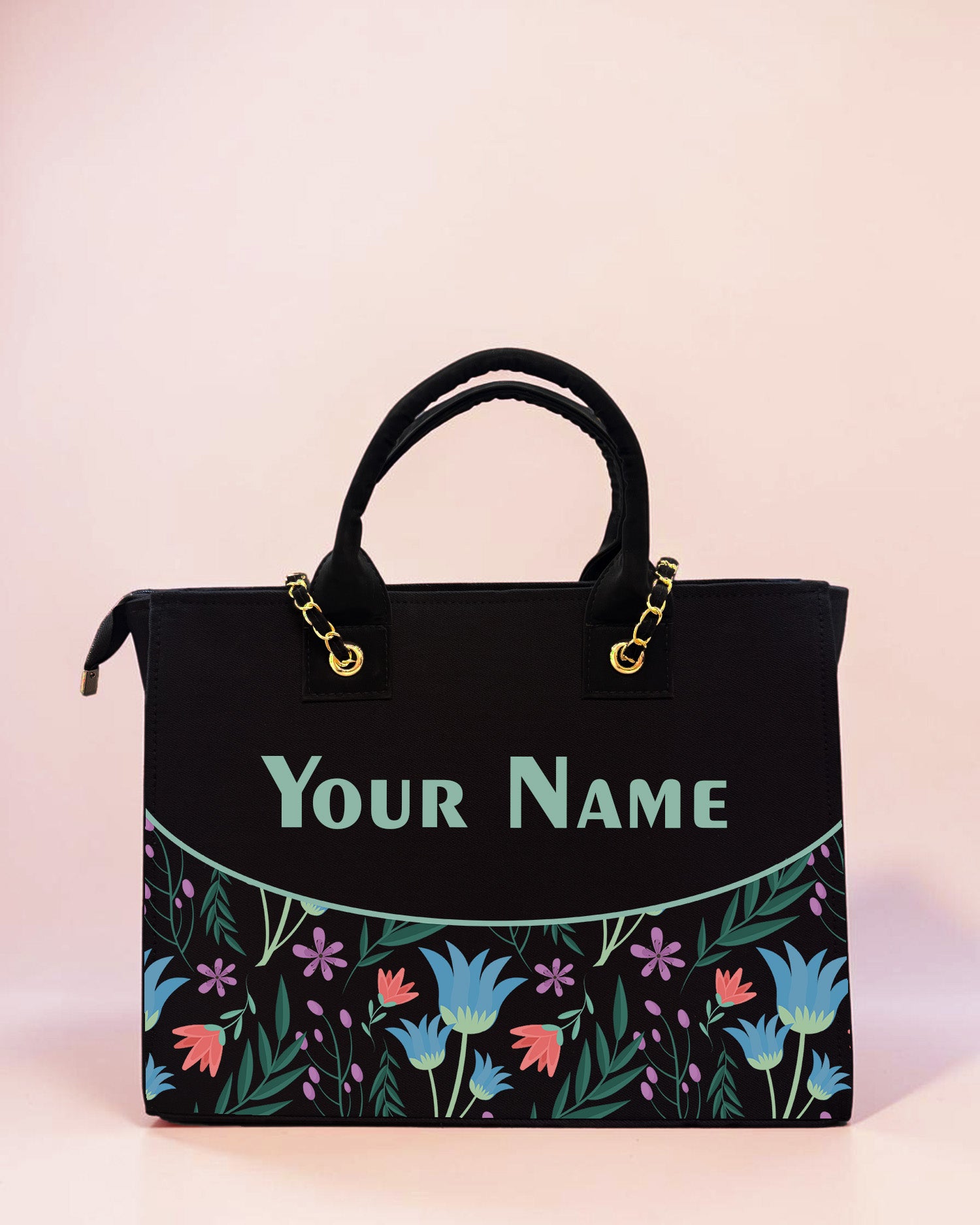 Personalized black floral tote bag with pastel flower print and custom name