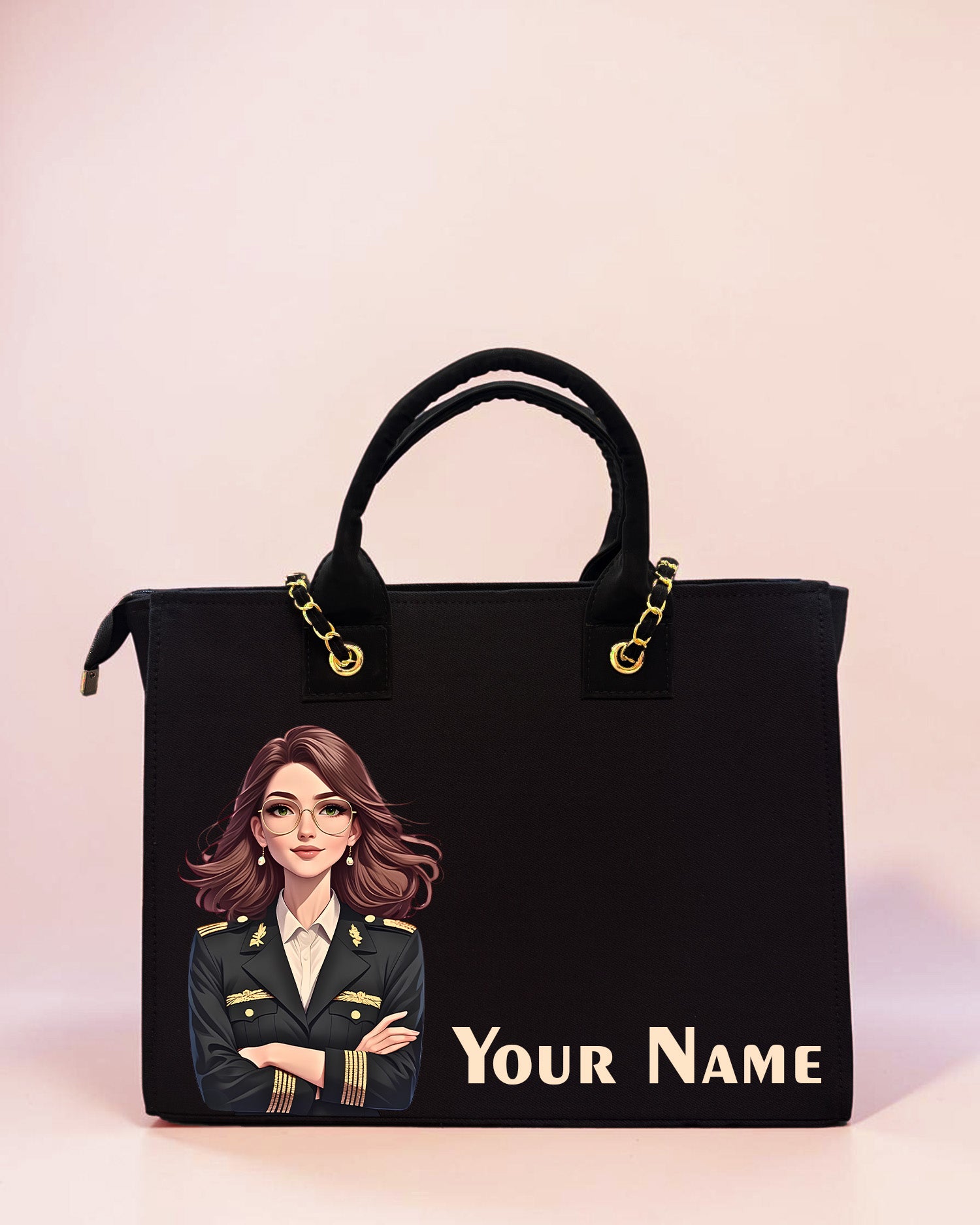 Personalized black tote bag featuring elegant female pilot illustration and custom name print on a pastel background.