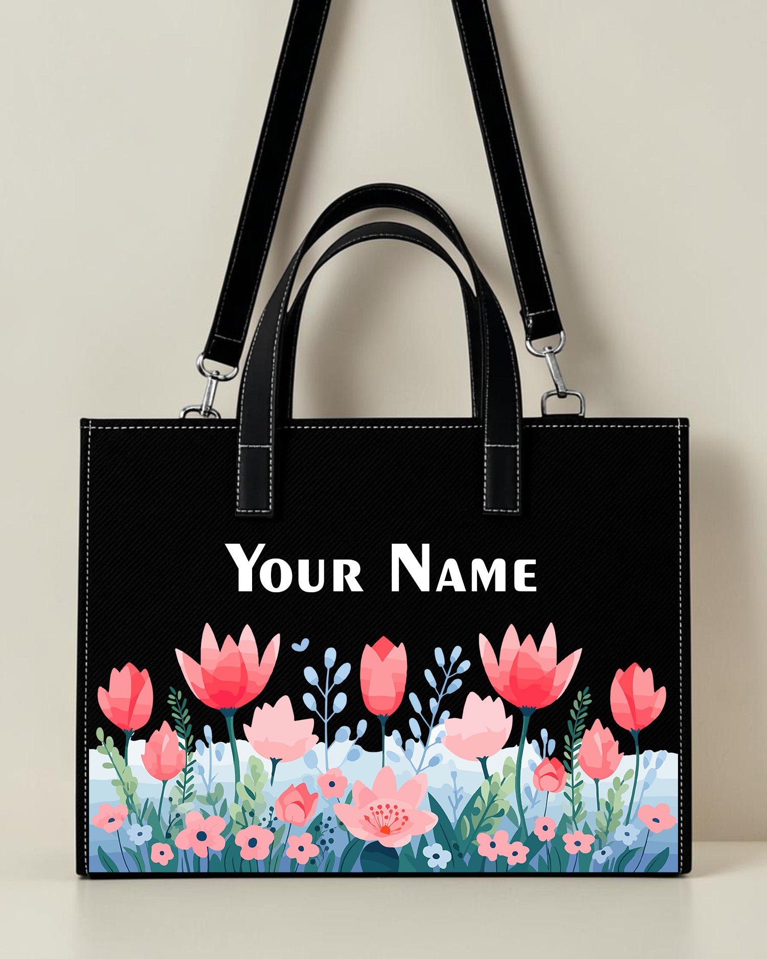 Personalized black pink floral sling tote bag with custom name for women