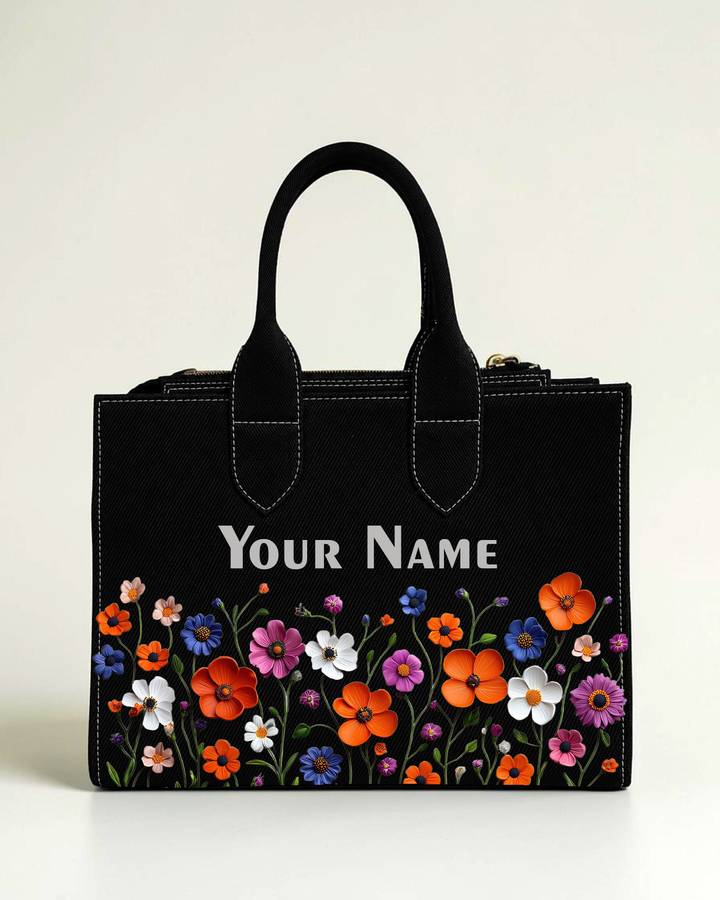 Personalized black floral box tote bag with colorful flower print and custom name for women