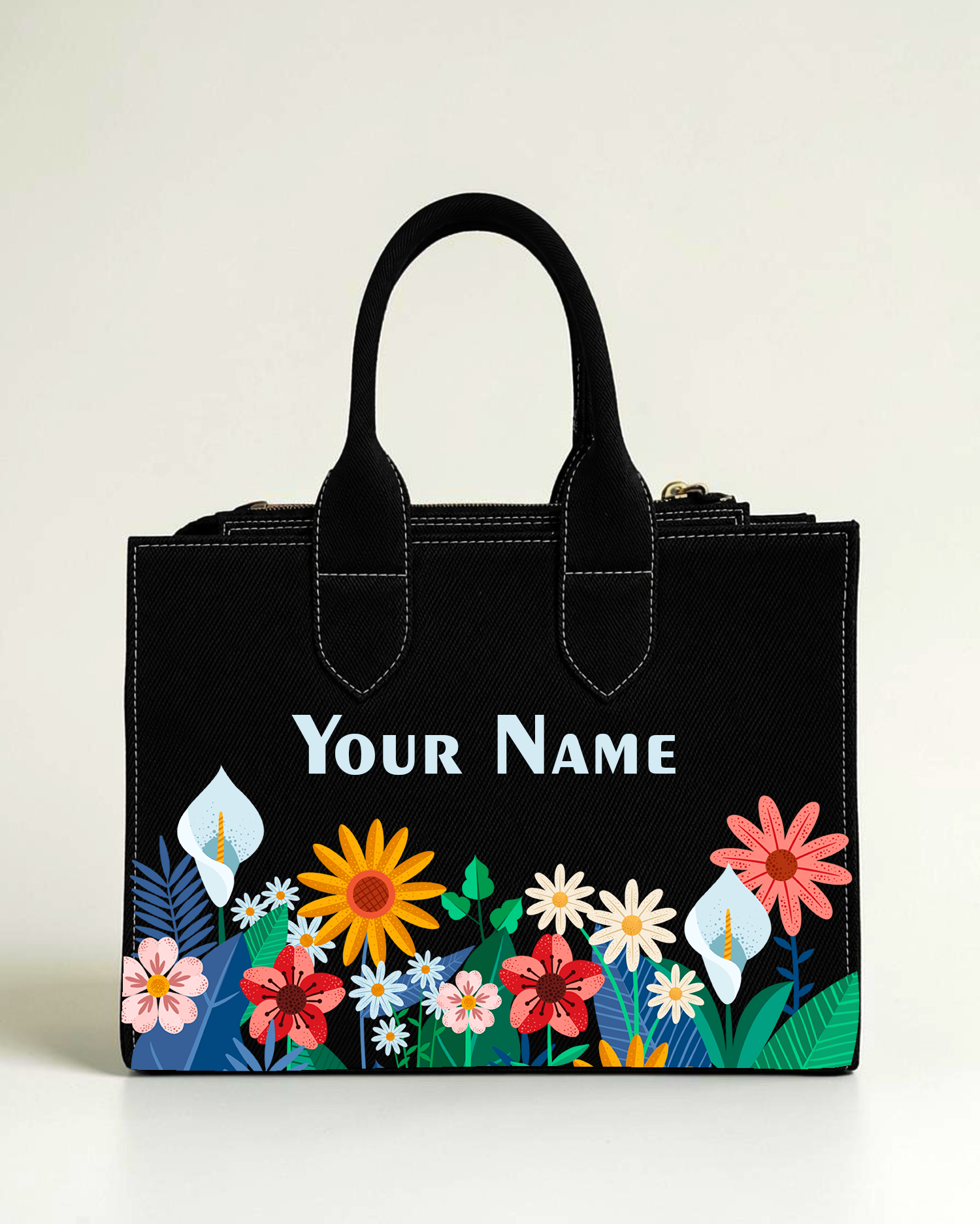 Personalized black floral box tote bag with custom name print for women