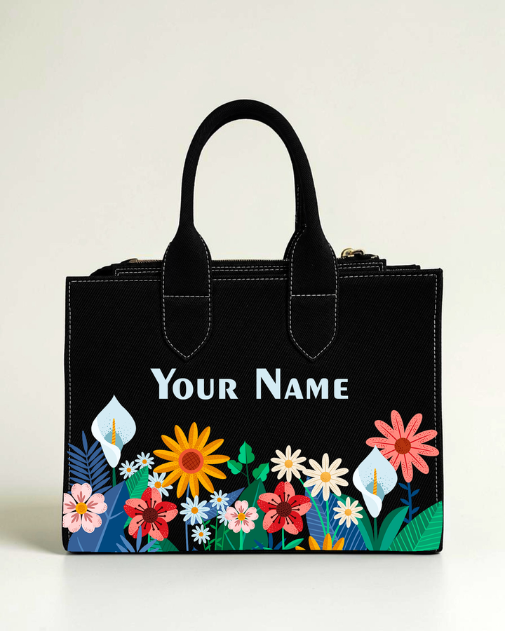 Personalized black floral box tote bag with custom name print for women