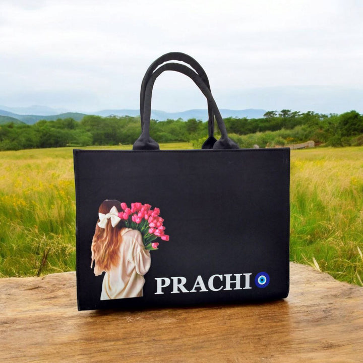 Customised Girl With Tulip Flowers Tote Bag with Name | Personalized Canvas Tote Bag for Women – Nixa Style