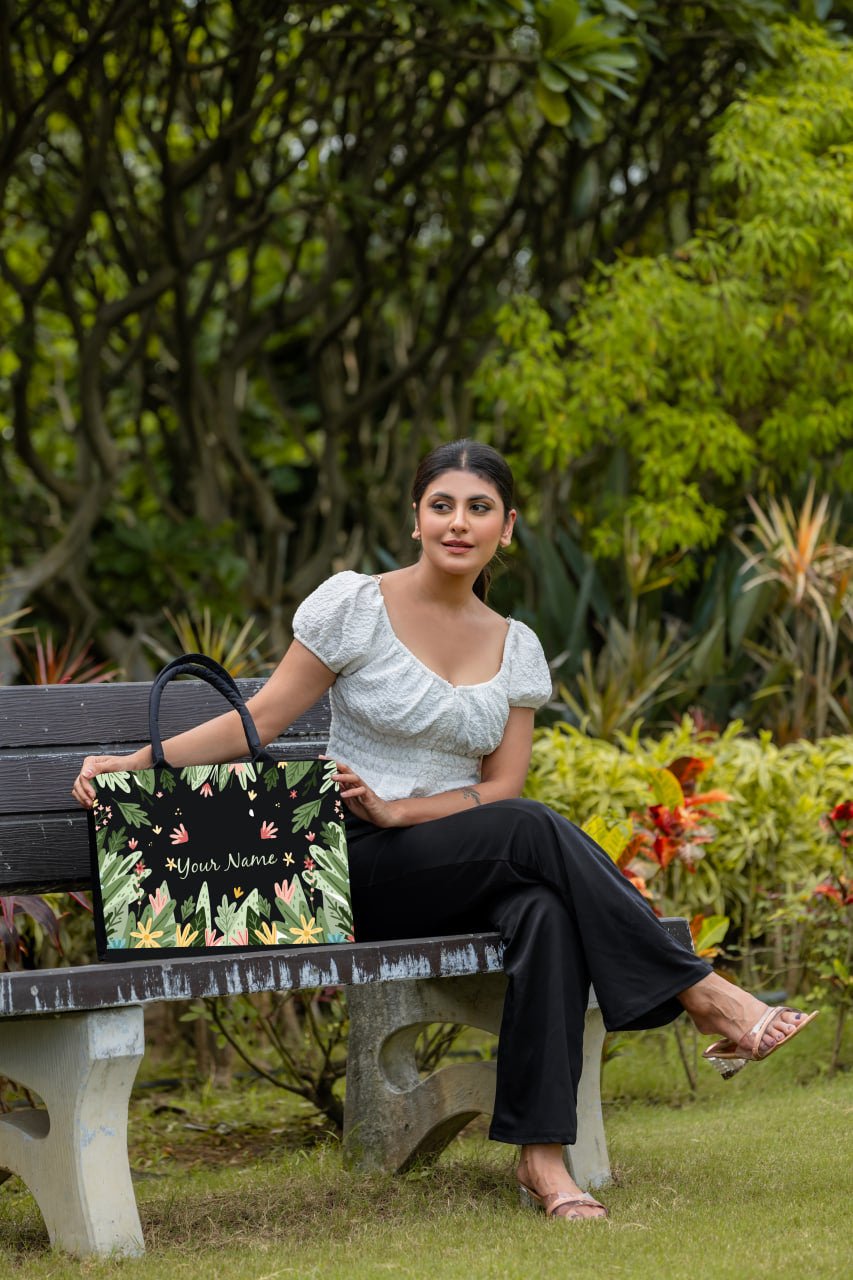 Personalised Botanical Tote Bag with Name | Custom Nature Leaf Canvas Handbag for Women | Stylish Eco Tote | Nixa Style
