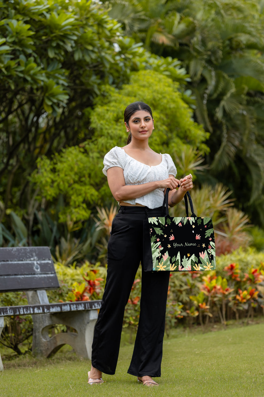 Personalised Botanical Tote Bag with Name | Custom Nature Leaf Canvas Handbag for Women | Stylish Eco Tote | Nixa Style