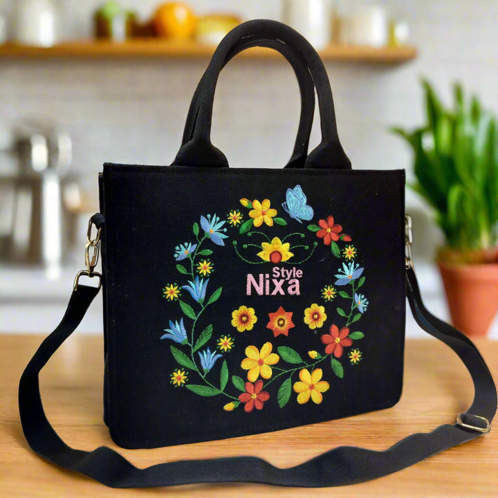 "Nixa Bloom Embroidered Colorful tote Bag