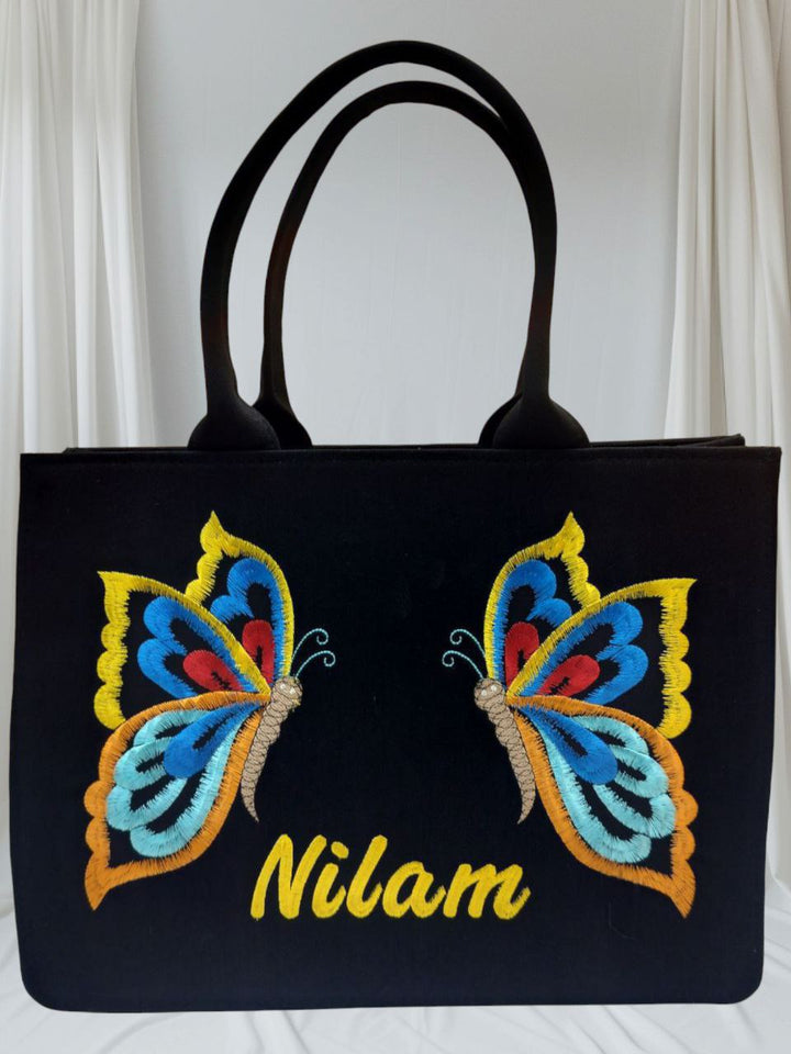 "Nixa Bloom Embroidered Colorful Butterfly Tote