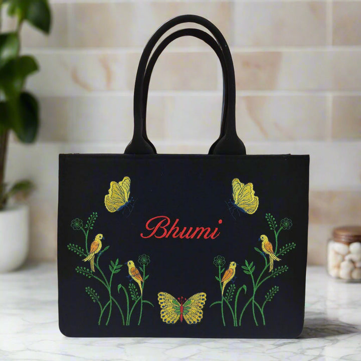 "Nixa Bloom Embroidered Butterfly Garden Tote Bag