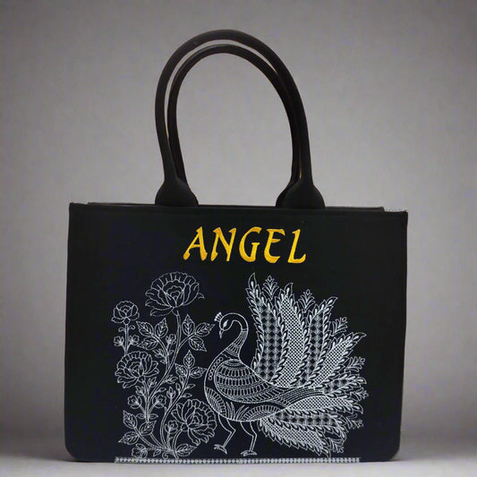 "Nixa Bloom Embroidered Peacock  tote Bag