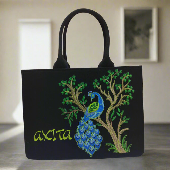 "Nixa Bloom Embroidered Peacock  tote Bag