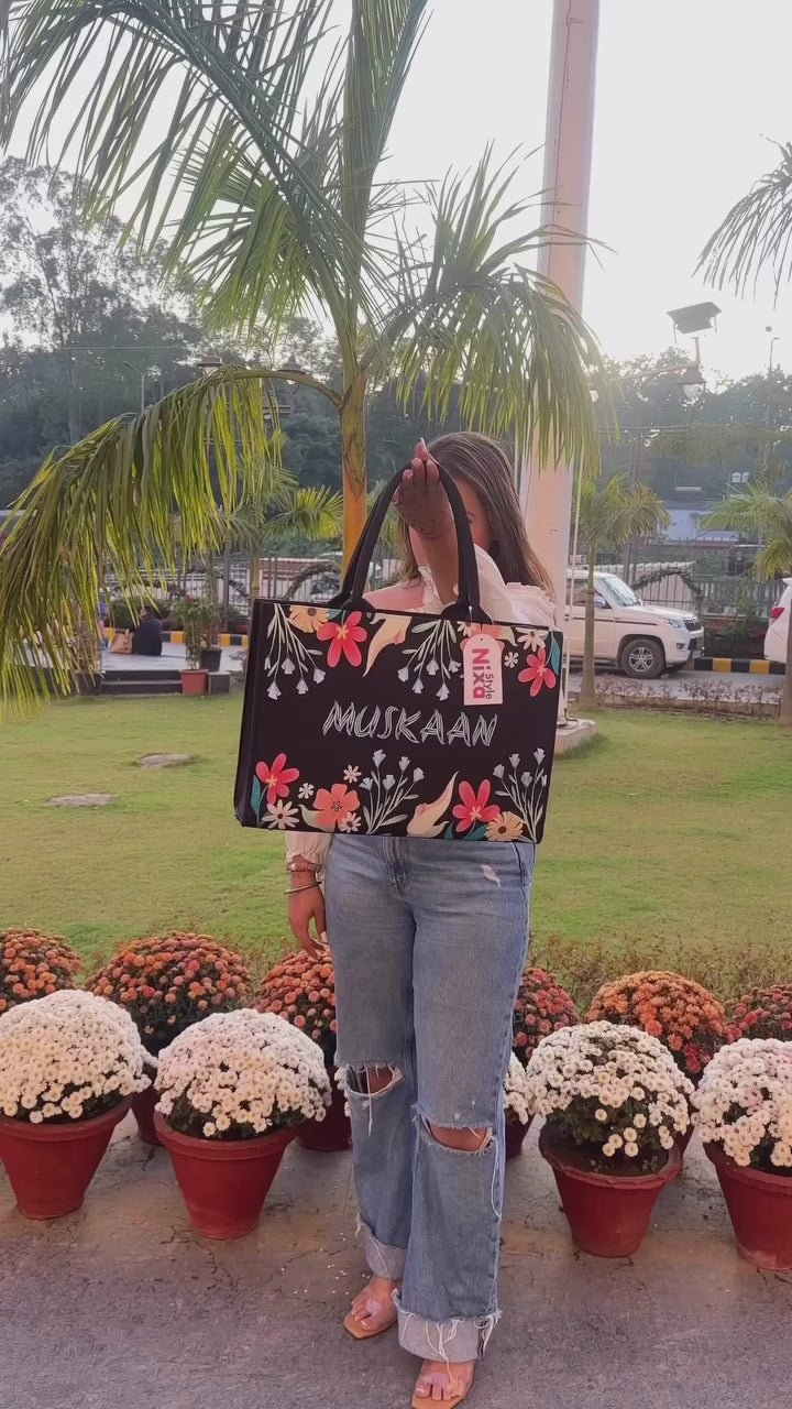 Customised Colorful Floral Tote Bag with Name | Personalized Canvas Tote Bag for Women | Custom Flower Handbag – Nixa Style