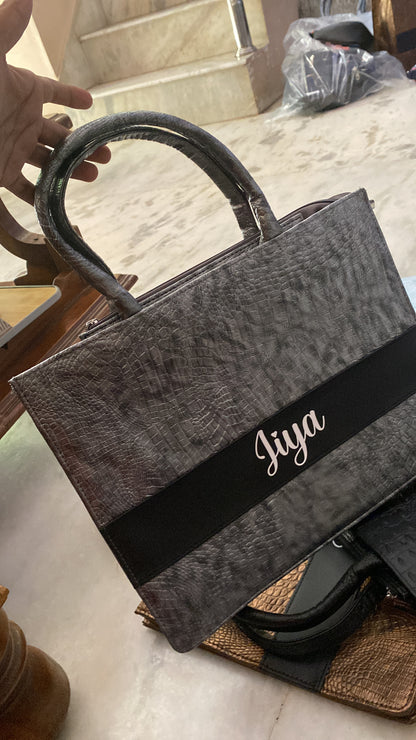 Customised Silver Croco Synthetic Leather Tote Bag