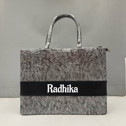 Customised Silver Croco Synthetic Leather Tote Bag
