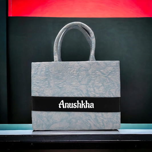 Customised Sky-blue Croco Synthetic Leather Tote Bag